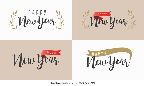 Happy new year text logo or banner. classic Font vintage style with red ribbon, wreath and olive golden color and black. Vector illustration