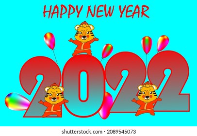 Happy New Year, Text Message Script and cute little tiger dancing on and in front of numbers 2022 greeting card for merry christmas and happy new year vector illustration