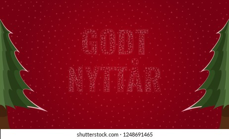 Happy New Year text in Norwegian 'Godt Nyttar' filled with 'Happy New Year' text in many different laguages on a red snowy background with pine trees on sides