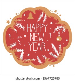 Happy New Year text on red background. Christmas tree branches and Christmas decorations. Vector