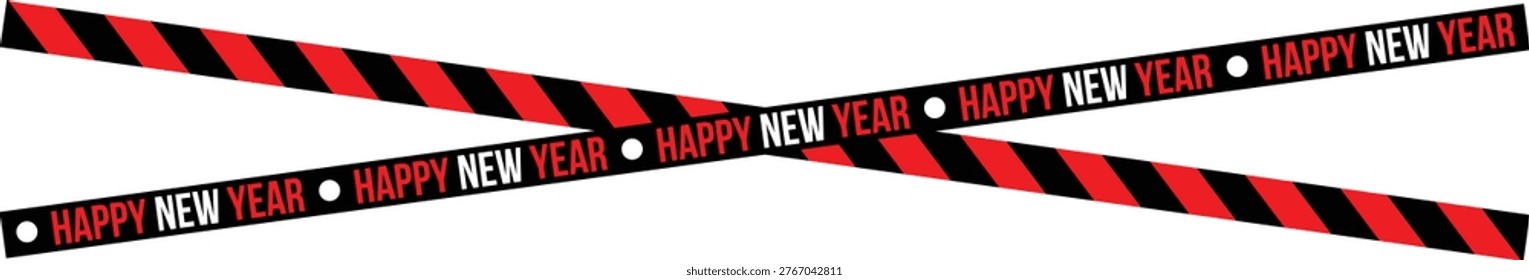 Happy New Year text on black warning tape crossed with red striped caution ribbon.