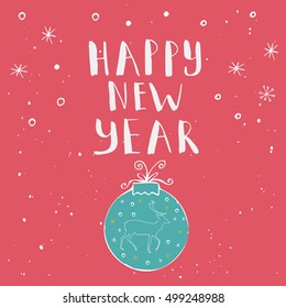 Happy new year text on a winter background, snow and snowflakes. Greeting card template, poster with quote, T-shirt design or home decor element. Vector typography.