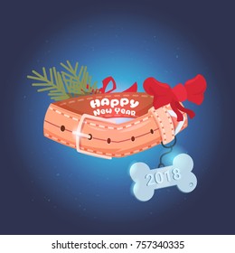 Happy New Year Text On Dog Collar Decorated With Christmas Tree Branch And Red Bow Holiday Card Design Vector Illustration