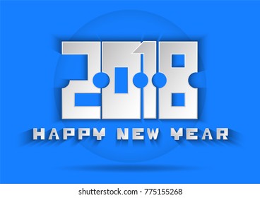 Happy new year text on blue background for poster, card and brochure in paper cut design with shadow.