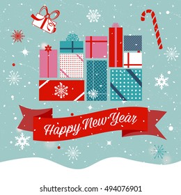 Happy New Year text over ribbon and beautiful winter background with christmas presents vector illustration.