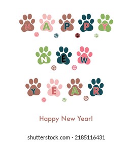 Happy new year text with paw prints. New year greeting card