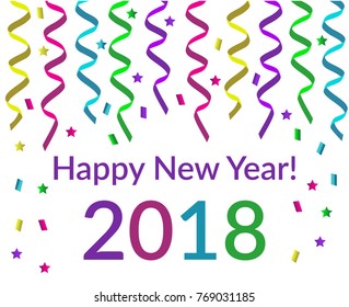 Happy new year text with pink violet yellow green and blue confetti stars and glitters isolated on white background vector new year eve invitation or greeting card