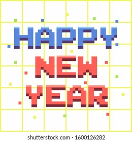 Happy new year text pixel retro illustration with vintage color. 