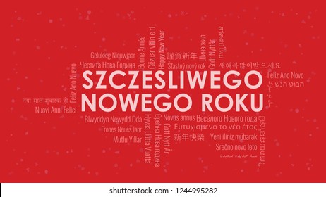 Happy New Year text in Polish 'Szczesliwego Nowego Roku' with word cloud in many languages on a red snowy background