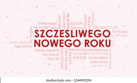 Happy New Year text in Polish 'Szczesliwego Nowego Roku' with word cloud in many languages on a white snowy background