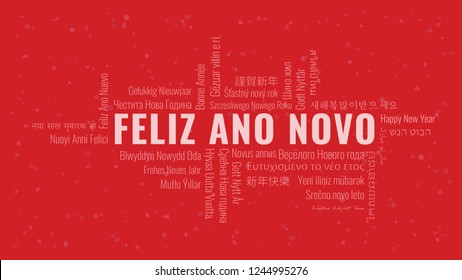 Happy New Year text in Portuguese 'Feliz Ano Novo' with word cloud in many languages on a red snowy background