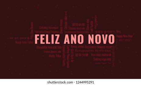 Happy New Year text in Portuguese 'Feliz Ano Novo' with word cloud in many languages on a dark snowy background