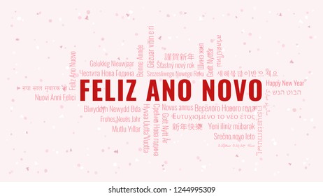 Happy New Year text in Portuguese 'Feliz Ano Novo' with word cloud in many languages on a white snowy background