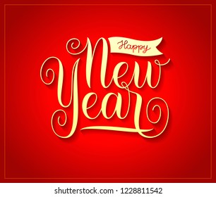 Happy New Year text. Red holiday background. Festive calligraphic typography, vintage lettering, title, label and icon. Isolated on red background. Vector illustration. EPS10
