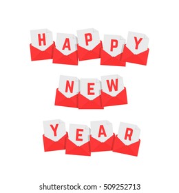happy new year text of red letters. concept of sms chat, unusual headline, present, beautiful inscription set, postage. flat style trend modern logo graphic design art on white background