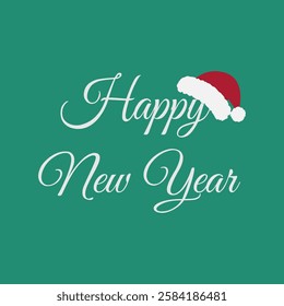 Happy New Year Text and Santa Clause Hat on letter. New Year Greeting Thematic cards design concept