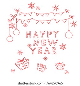 Happy New Year Text. Set of winter icons, Christmas Holiday, New Year pictures.