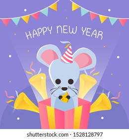 Happy new year with text shaped like cheese and mouse inside present box