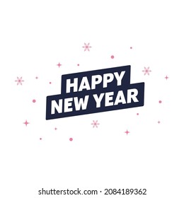 Feliz texto de año nuevo con copo de nieve y estrella. Rectángulo redondeado azul oscuro y ornamentos rosados dispersos. Ilustración vectorial.