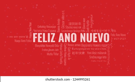 Happy New Year text in Spanish 'Feliz Ano Nuevo' with word cloud in many languages on a red snowy background