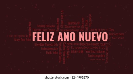 Happy New Year text in Spanish 'Feliz Ano Nuevo' with word cloud in many languages on a dark snowy background