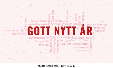 Happy New Year text in Swedish 'Gott Nytt Ar' with word cloud in many languages on a white snowy background