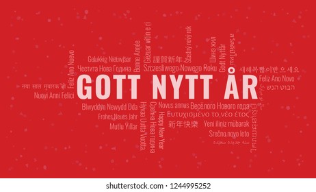 Happy New Year text in Swedish 'Gott Nytt Ar' with word cloud in many languages on a red snowy background