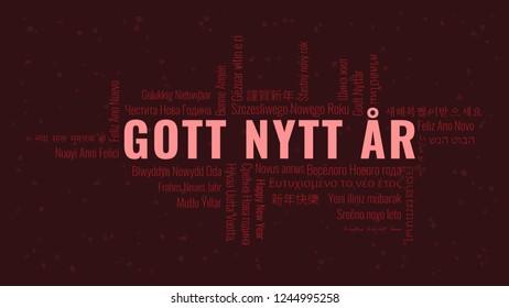 Happy New Year text in Swedish 'Gott Nytt Ar' with word cloud in many languages on a dark snowy background