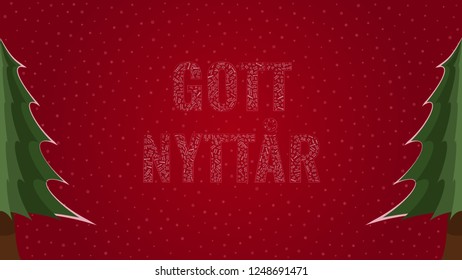 Happy New Year text in Swedish 'Gott Nytt Ar' filled with 'Happy New Year' text in many different laguages on a red snowy background with pine trees on sides