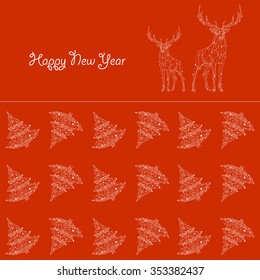 Happy New Year text template. Red vector background pattern with low poly linear Christmas tree doodles.