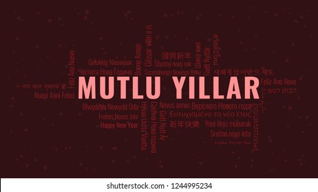 Happy New Year text in Turkish 'Mutlu Yillar' with word cloud in many languages on a dark snowy background