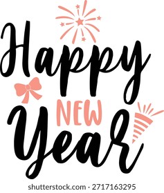 Feliz año Nuevo texto tipografía diseño de frases para camisetas y ropa sobre fondo aislado transparente blanco liso para camisa, sudadera con capucha, sudadera, tarjeta, etiqueta, taza, icono, póster o insignia