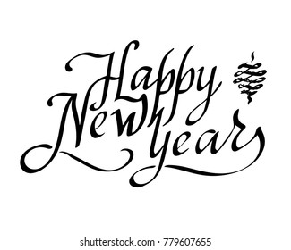 Happy new year text vector on white background. Lettering for invitation, wedding and greeting card, prints and posters. Hand drawn inscription