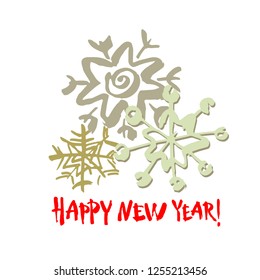 Happy new year text. White snowflake on white background. White, gray and red brush calligraphy. Christmas vector card