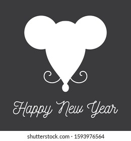 Happy New Year text with white rat icon on black background. Greeting card, banner, poster. Celebration logo. Typography for winter holidays. Chinese calendar symbol. Oriental postcard concept. EPS 10