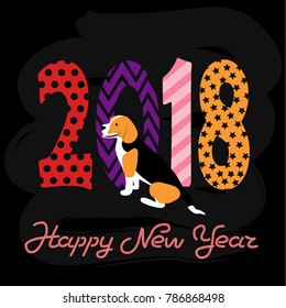 Happy New Year text winter holidays vector greeting card with the symbol of the next year - dog. Winter holidays, new year banner, poster template. Cute beagle is sitting and smiling near 2018 figures