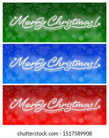 Happy New Year text written by luminous neon. Unusual and bright inscription. Set of festive colorful backgrounds with snowflakes and glowing christmas garlands. Vector illustration.