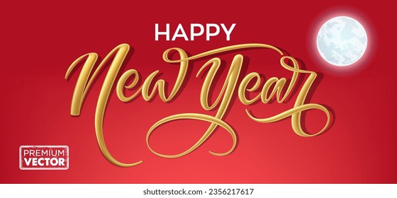 Happy New Year text yellow gold 3d vector, moon,  