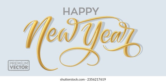 Happy New Year text yellow gold 3d vector
