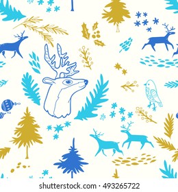 Happy New Year texture. Vector seamless pattern with Christmas symbols. Hand drawn illustration with deer, bird, firs and floral elements. Doodle style