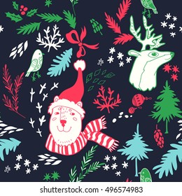 Happy New Year texture. Vector seamless pattern with Christmas symbols. Hand drawn illustration with bear, deer, bird, firs and floral elements. Doodle style