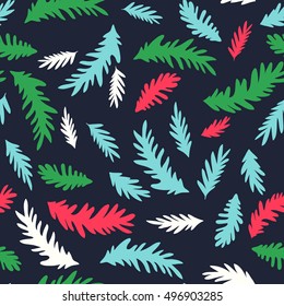 Happy New Year texture. Vector seamless pattern. Hand drawn fir branches. Christmas floral background