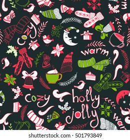 Happy New Year texture. Vector seamless pattern with Christmas symbols. Doodle style