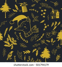 Happy New Year texture. Vector seamless pattern with Christmas symbols. Hand drawn illustration with fox, bird, firs and floral elements. Doodle style