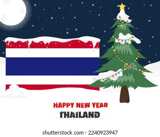 Happy new year in Thailand with Christmas tree and snow, banner or content design idea, Thailand flag with pine tree, new year celebration idea, sky with full moon and stars, vector design
