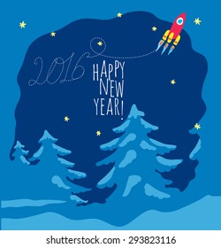 Happy New Year theme  - cheerful red rocket flying over trees, the trace of this inscription form 2016. image includes an inscription happy new year.