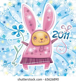 Happy New Year theme: Vector card with cute little rabbit girl celebrating New Year, holding flower and 2011 sign. Swirl background with snowflakes.