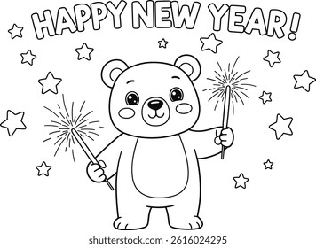 happy new year themed coloring picture bear animal. you can print it on standard