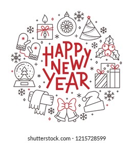 Happy new year thin line icon set. Holiday outline lettering banner. Winter linear sign Lettering calligraphy composition with snowflake, holly, gift box, christmas tree Flat style vector illustration