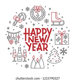 Happy New year thin line icon set. Holiday outline lettering banner. Winter linear sign. Lettering calligraphy kit with snowflake, candy cane, champagne, christmas tree. Flat style vector illustration